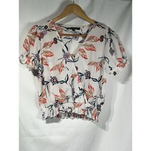 One Clothing White Floral Short Sleeve Ruffled Cropped Top Blouse Women Sz M